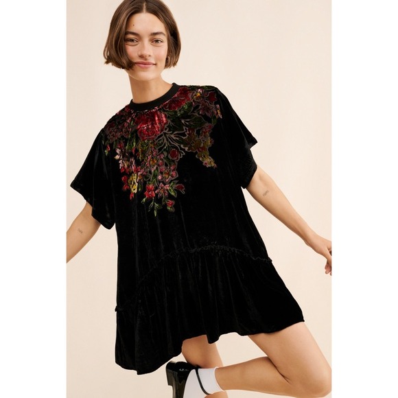 Free People Sweet Echoes Black Floral Velvet Burnout Dress Womens Large Boho - Picture 2 of 9